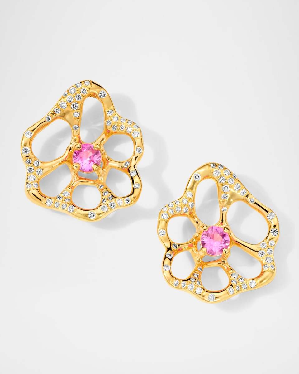18K Gold Stardust Drizzle Flora Medium Diamond Stud Earrings with Pink Sapphires
